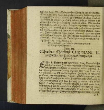 Num. 135. Schreiben Churfürst Chris[t]iani II. zu Sachsen/ ...