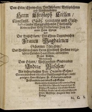 Dem Edlen / [...] Herrn Christoph Crellen [...]