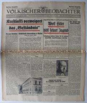 Tageszeitung "Völkischer Beobachter" u.a. über den Schauprozess gegen Krestinski u.a. in Moskau und zur Grundsteinlegung für die Reichsluftfahrtschule in Wannsee