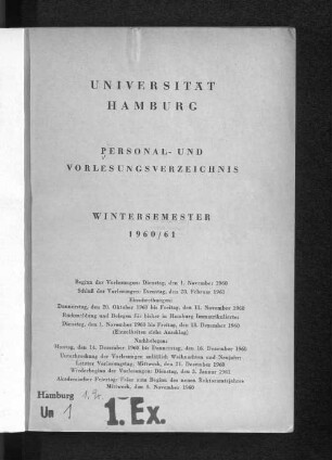 WS 1960/61: Personal- und Vorlesungsverzeichnis // Hamburgische Universität