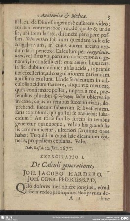 Exercitatio I. De Calculi generatione, Joh. Jacobo Hardero. Joh. Conr. Peierus, S. P. D.