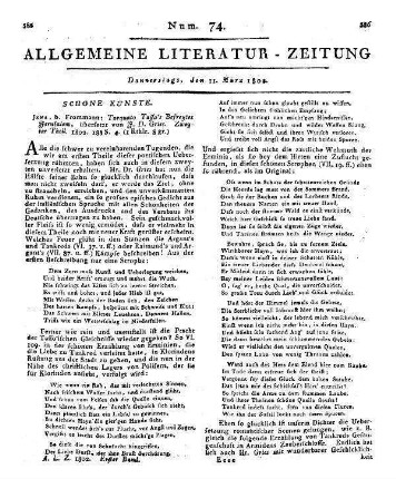 Tasso, T.: Befreytes Jerusalem. T. 2. Übers. v. J. D. Gries. Jena: Frommann 1801 Abweichende Angabe des Erscheinungsjahres in der ALZ: 1802
