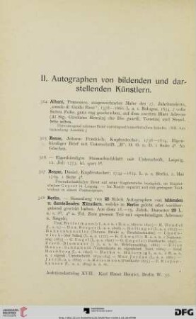 II. Autographen von bildenden und darstellenden Künstlern (Nr. 314-497)