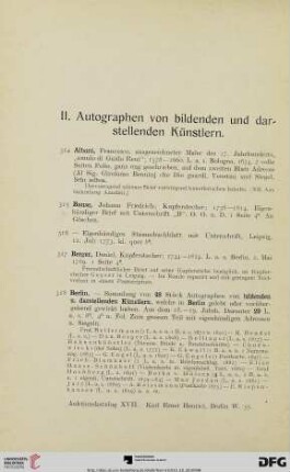 II. Autographen von bildenden und darstellenden Künstlern (Nr. 314-497)