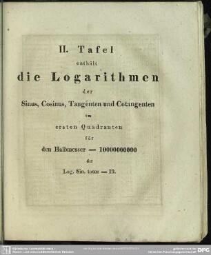 II. Tafel enthält die Logarithmen der Sinus, Cosinus, Tangenten und Cotangenten im ersten Quadranten für den Halbmesser = 10000000000 der Log. Sin. totus = 10