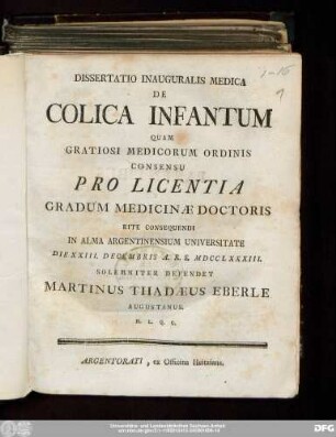 Dissertatio Inauguralis Medica De Colica Infantum