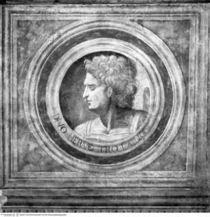 Landschaftsdarstellungen, Personifikationen der Tugenden und zwei Imperatorenmedaillons, Clipeus mit dem Portrait des Kaisers Trajan