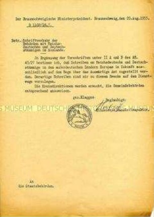 Innerbehördliches Schreiben des Braunschweigischen Ministerpräsidenten über den Schriftverkehr mit "Reichsdeutschen"