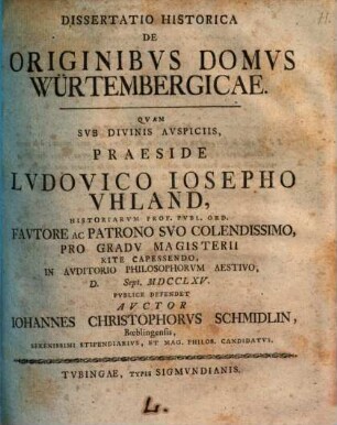 Dissertatio Historica De Originibvs Domvs Würtembergicae