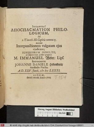 Immanuel! Apospasmation Philologicum, Ad 1. Timoth. III. Capitis comma 15. maximè Interpunctionem vulgatam ejus vindicans