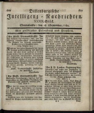 XXXIX. Stück. Sonnabends : den 28. September, 1782.