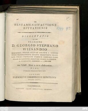 De Testamentifactione Zittaviensi Dissertatio