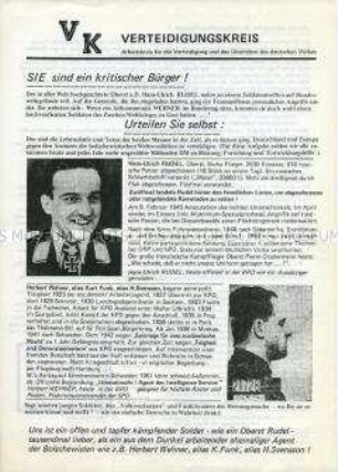 Flugblatt mit rechtsradikaler Ausrichtung gegen die Behandlung des Flieger-Oberst Rudel in der Bundesrepublik im Gegensatz zur politischen Karriere von Herbert Wehner