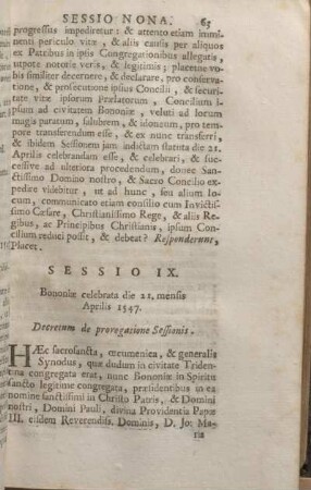 Sessio IX. Bononiae celebrata die 21. mensis Aprilis 1547. Decretum de prorogatione Sessionis.