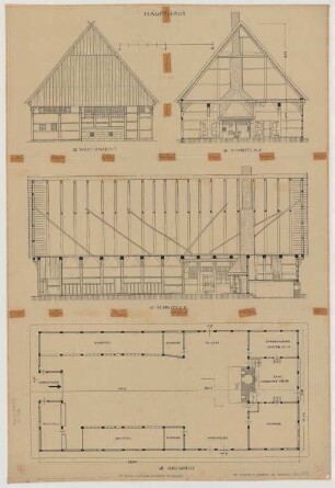 Wilmsberg bei Borghorst (Kreis Steinfurt): Hof Stüwing. Haupthaus (Grundriss, Westansicht, Schnitte)