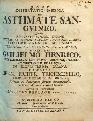 Dissertatio Medica De Asthmate Sanguineo