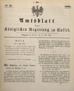 № 33. Ausgegeben zu Cassel am 16. Juli 1868.