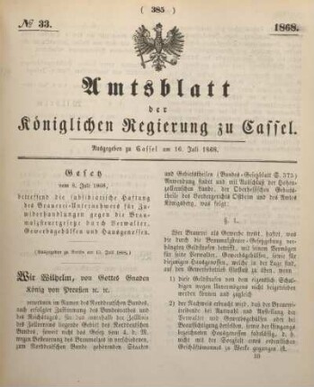 № 33. Ausgegeben zu Cassel am 16. Juli 1868.