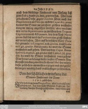 Von der schädlichen wirckung der Sonnen Finsternis/ die Anno 1595. geschehen.