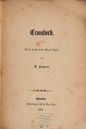 Cranford : Frei nach dem Englischen von E. Hagen