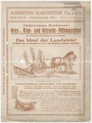 Landwirtschaftliche Maschinen der Johnston Harvester Company in USA