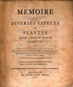 Memoire Sur Diverses Especes De Plantes Propres A Servir De Fourrage Aux Bestiaux