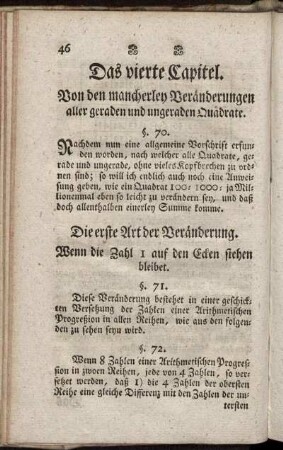Das vierte Kapitel. Von den mancherlen Veränderungen aller geraden und ungeraden Quadrate.