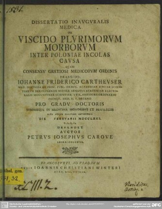 Dissertatio Inauguralis Medica De Viscido, Plurimorum Morborum Inter Poloniae Incolas Causa
