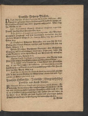 Teutsche Historische/ Politische/ Geographische/ Poetische und Kunst-Bücher.