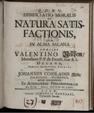 Dissertatio Moralis De Natura Satisfactionis