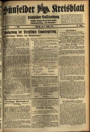 Erste Ausgabe vom Samstag, den 08. August 1931.