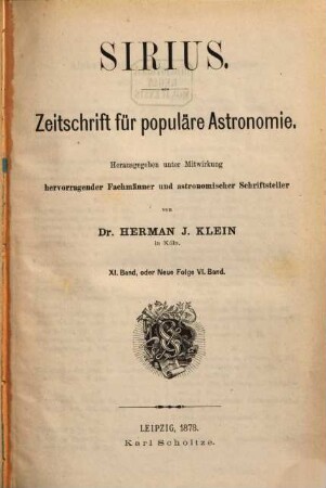 Sirius : Rundschau der gesamten Sternforschung. 11 = N.F., Bd. 6. 1878