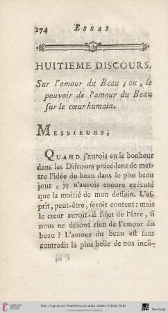 Huitième discours. Sur l'amour du Beau; ou, le pouvoir de l'amour du Beau sur le coeur humain