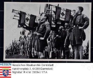 NSDAP (Nationalsozialistische Deutsche Arbeiterpartei), Sammelwerk 'Deutschland erwacht. Werden, Kampf und Sieg der NSDAP' / Bilder-Gruppe 32, Werk 8 / hier: Bild Nr. 62: 'Fanfaren der Hitlerjugend' / Gruppe von Hitlerjungen, im Vordergrund Fanfaren blasend