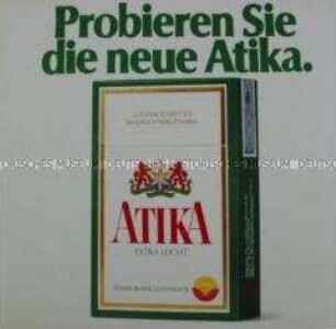 Werbeschild (doppelseitig) für "Atika"-Zigaretten, "Probieren Sie die neue Atika."
