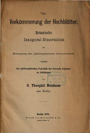 Ueber Verkümmerung der Hochblätter : Botanische Inaugural-Dissertation