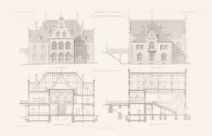 Bahnhof Westend der Stadt- und Ringbahn, Berlin: Ansicht von Süden, Ansicht von Westen, Querschnitt CD, Längsschnitt AB (aus: Atlas zur Zeitschrift für Bauwesen, hrsg. v. F. Endell, Jg. 37, 1887)