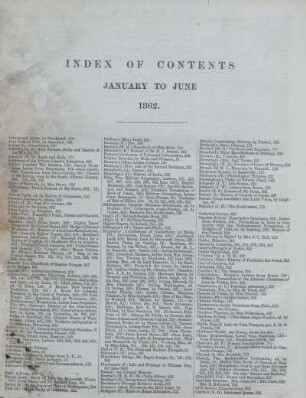 INDEX OF CONTENTS JANUARY TO JUNE 1862.