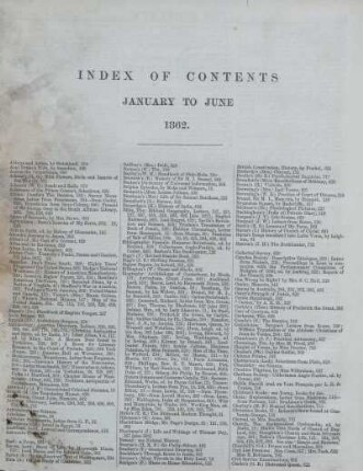 INDEX OF CONTENTS JANUARY TO JUNE 1862.