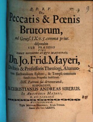 De Peccatis & Poenis Brutorum : ad Genes. IX. v. 5. comma prius