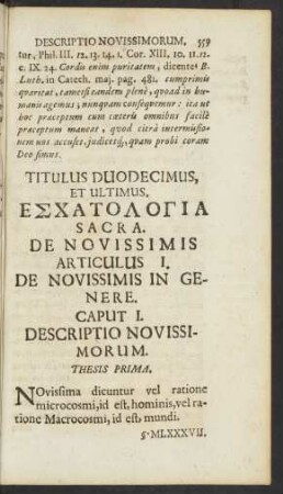 [Sectio VI. Et Ultima.] Titulus Duodecimus, Et Ultimus. Eschatologia Sacra. De Novissimis