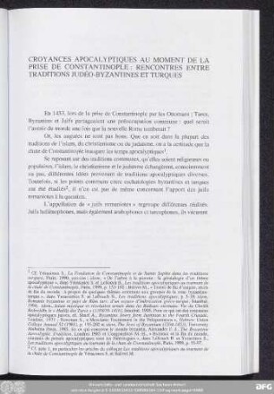 Croyances Apocalyptiques Au Moment De La Prise De Constantinople: Rencontres Entre Traditions Judéo-Byzantines Et Turques