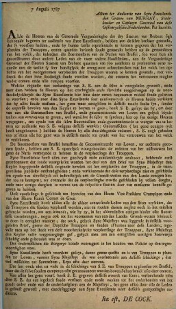 Alle de Heeren van de Generaele vergaederinghe der dry Staeten van Brabant sigh hebbende begeven ter audientie van Syne Excellentie, ...