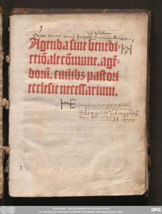 Agenda siue benedictio[n]ale co[m]mune. age[n]doru[m]. cuilib[et] pastori ecclesie necessarium.