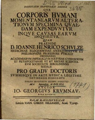 Dissertatio Inavgvralis Medica Qva Corporis Hvmani Momentanearvm Alterationvm Specimina Qvaedam Expendvntvr Inqve Cavsas Earvm Inqviritvr