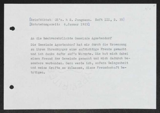Brief von Gerhart Hauptmann an Jagniatków, geschrieben von Elisabeth Beerbohm