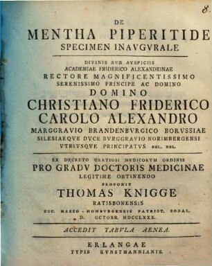 De Mentha Piperitide Specimen Inavgvrale ... Proponit Thomas Knigge Ratisbonensis ... : Accedit Tabvla Aenea