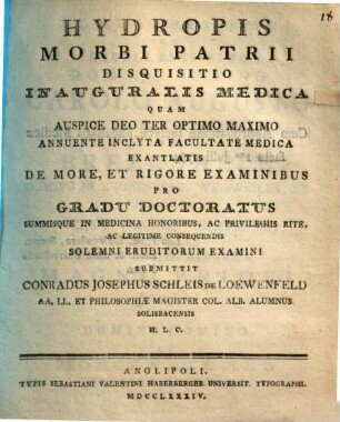 Hydropis morbi patrii disquisitio inauguralis medica