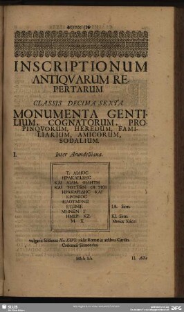 Classis Decima Sexta. Monumenta Gentilium, Cognatorum, Propinquorum, Heredum, Familiarium, Amicorum, Sodalium
