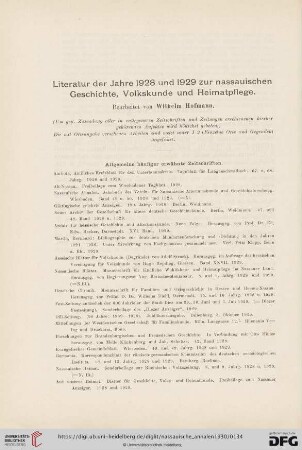 Literatur der Jahre 1928 und 1929 zur nassauischen Geschichte, Volkskunde und Heimatpflege